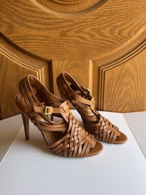 Tory Burch Nadia Woven Leather Cage Sandals High Heel Open Toe Neutral Brown